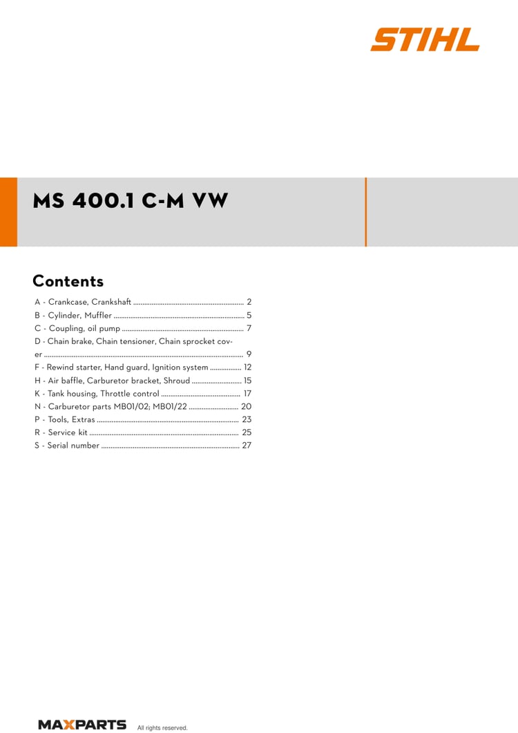 Cover of the STIHL MS 400.1 C-M VW illustrated parts catalogue PDF, showing the model name and contents.