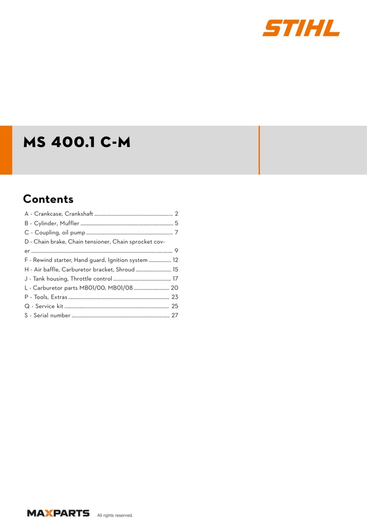 Cover of the STIHL MS 400.1 C-M illustrated parts catalogue PDF, showing the model name and contents.