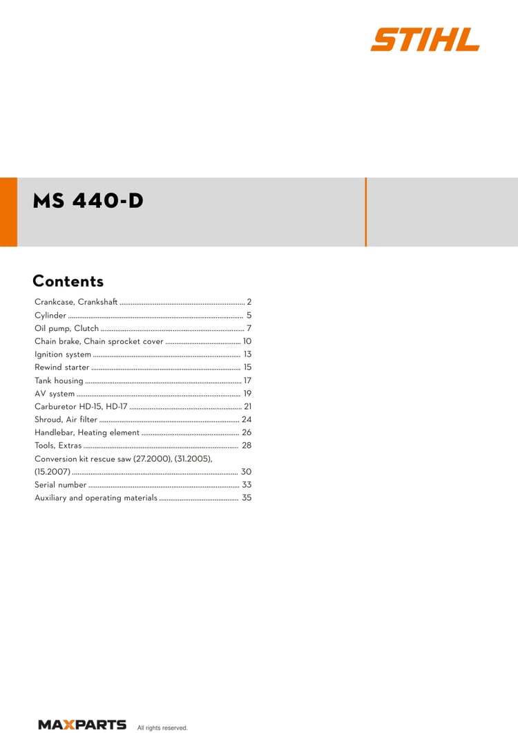 Cover of the STIHL MS 440-D illustrated parts catalogue PDF, showing the model name and contents.