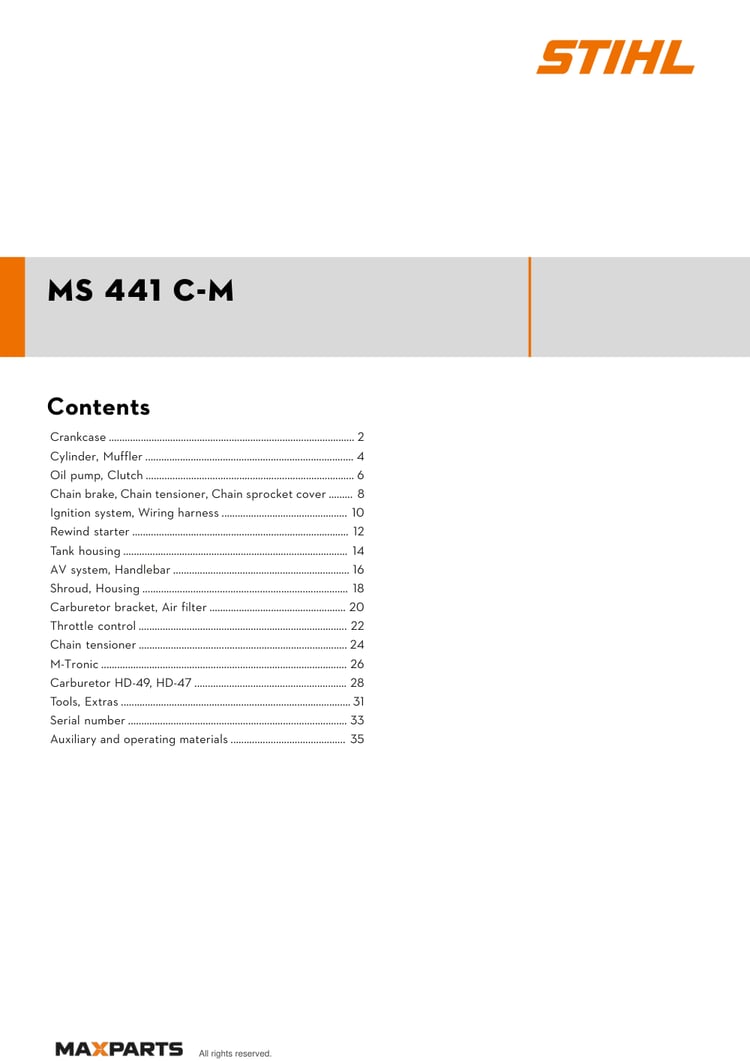Cover of the STIHL MS 441 C-M illustrated parts catalogue PDF, showing the model name and contents.