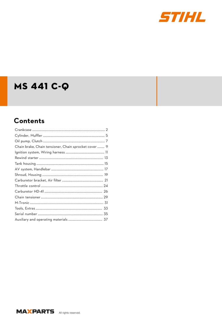Cover of the STIHL MS 441 C-Q illustrated parts catalogue PDF, showing the model name and contents.