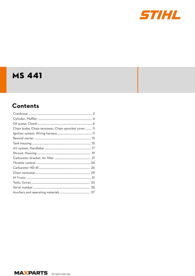 Cover of the STIHL MS 441 illustrated parts catalogue PDF, showing the model name and contents.