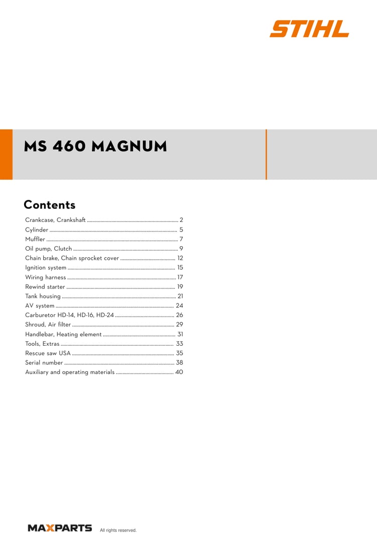 Cover of the STIHL MS 460 Magnum illustrated parts catalogue PDF, showing the model name and contents.