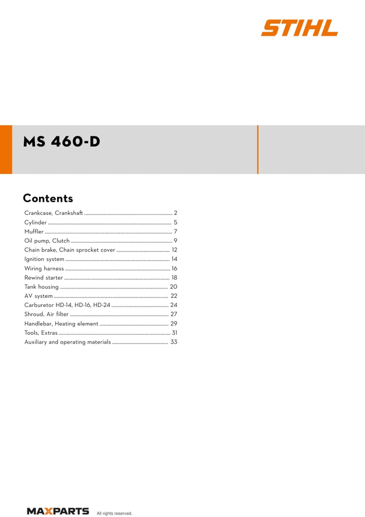 Cover of the STIHL MS 460-D illustrated parts catalogue PDF, showing the model name and contents.