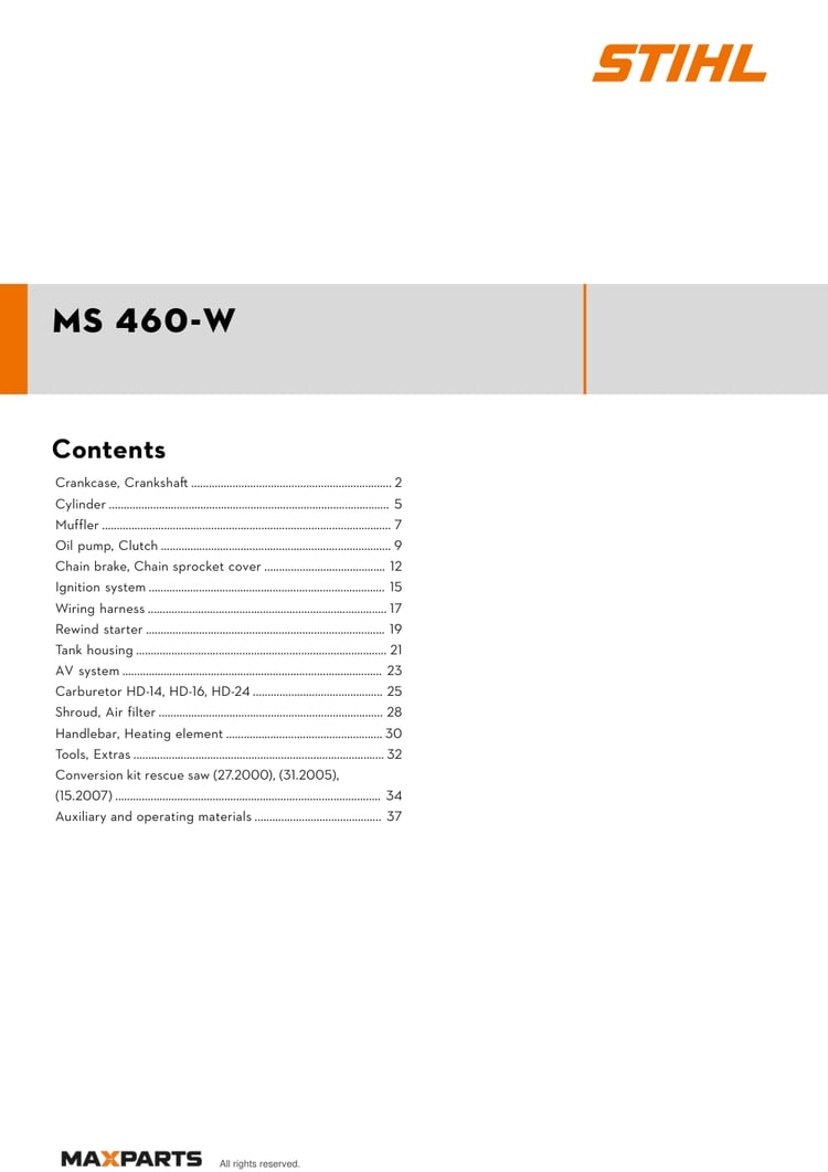 Cover of the STIHL MS 460-W illustrated parts catalogue PDF, showing the model name and contents.