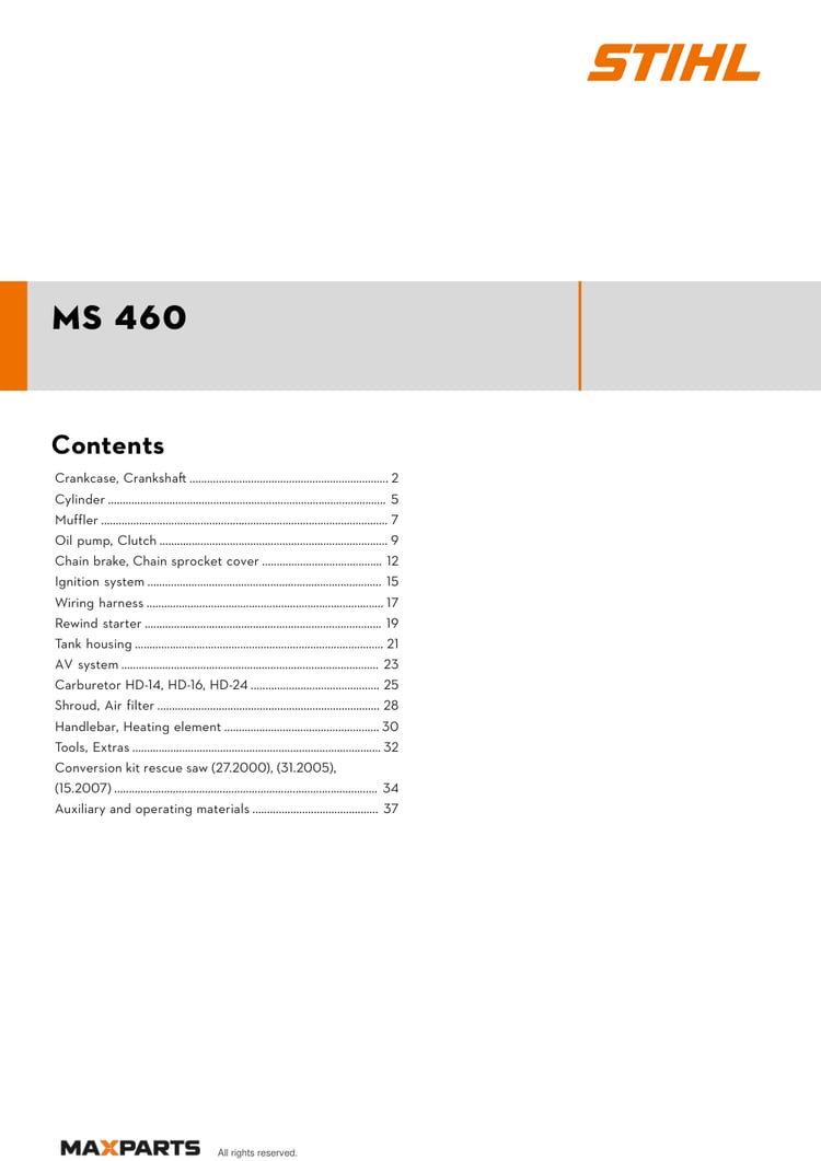 Cover of the STIHL MS 460 illustrated parts catalogue PDF, showing the model name and contents.