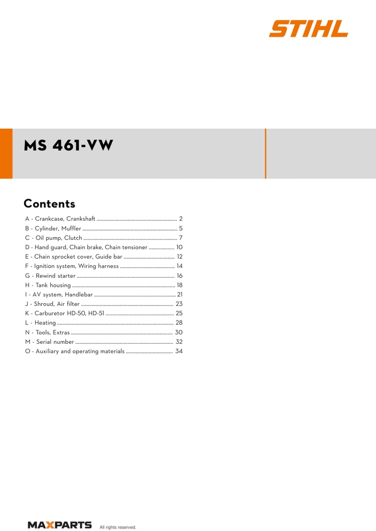 Cover of the STIHL MS 461-VW illustrated parts catalogue PDF, showing the model name and contents.