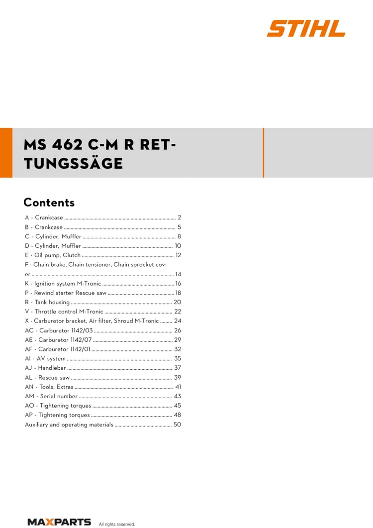 Cover of the STIHL MS 462 C-M R Rescue Saw illustrated parts catalogue PDF, showing the model name and contents.