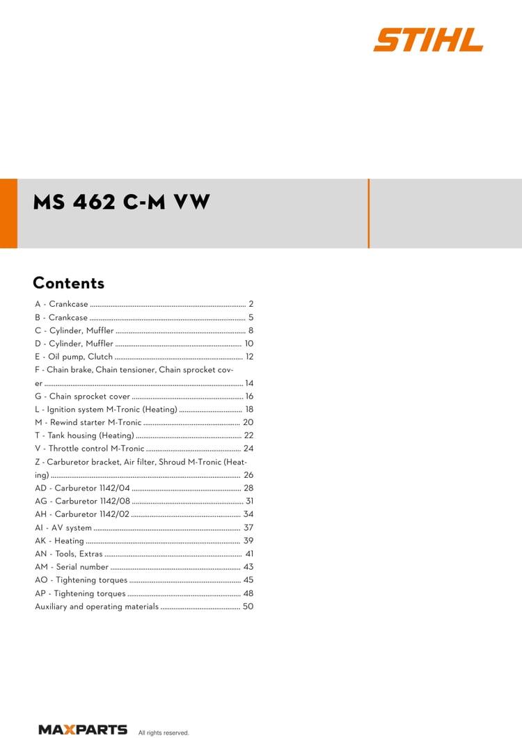Cover of the STIHL MS 462 C-M VW illustrated parts catalogue PDF, showing the model name and contents.