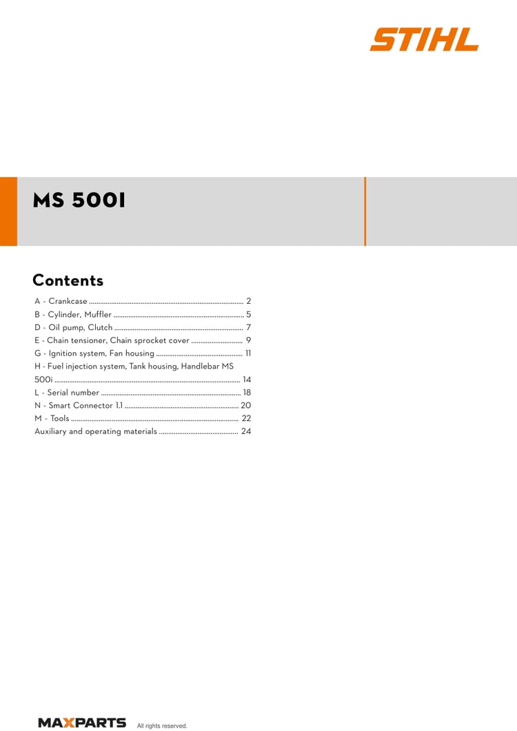 Cover of the STIHL MS 500i illustrated parts catalogue PDF, showing the model name and contents.