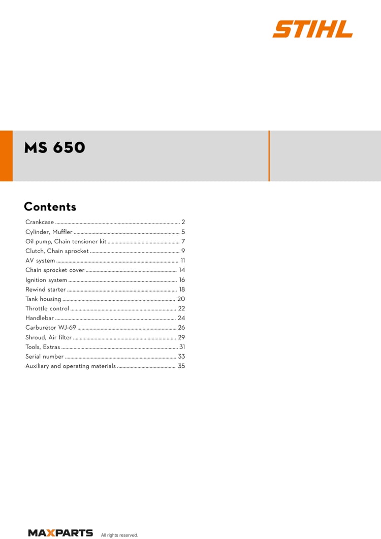 Cover of the STIHL MS 650 illustrated parts catalogue PDF, showing the model name and contents.