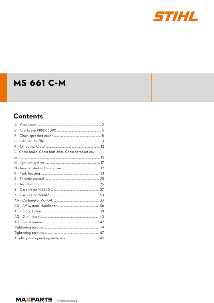 Cover of the STIHL MS 661 C-M illustrated parts catalogue PDF, showing the model name and contents.