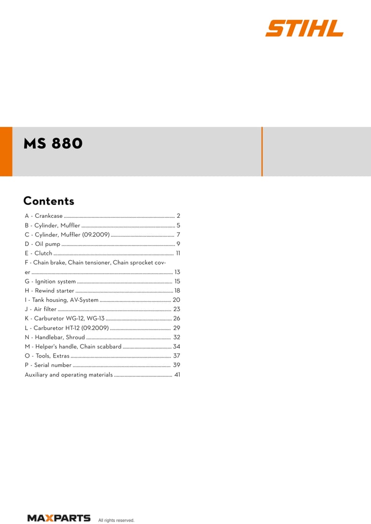 Cover of the STIHL MS 880 illustrated parts catalogue PDF, showing the model name and contents.