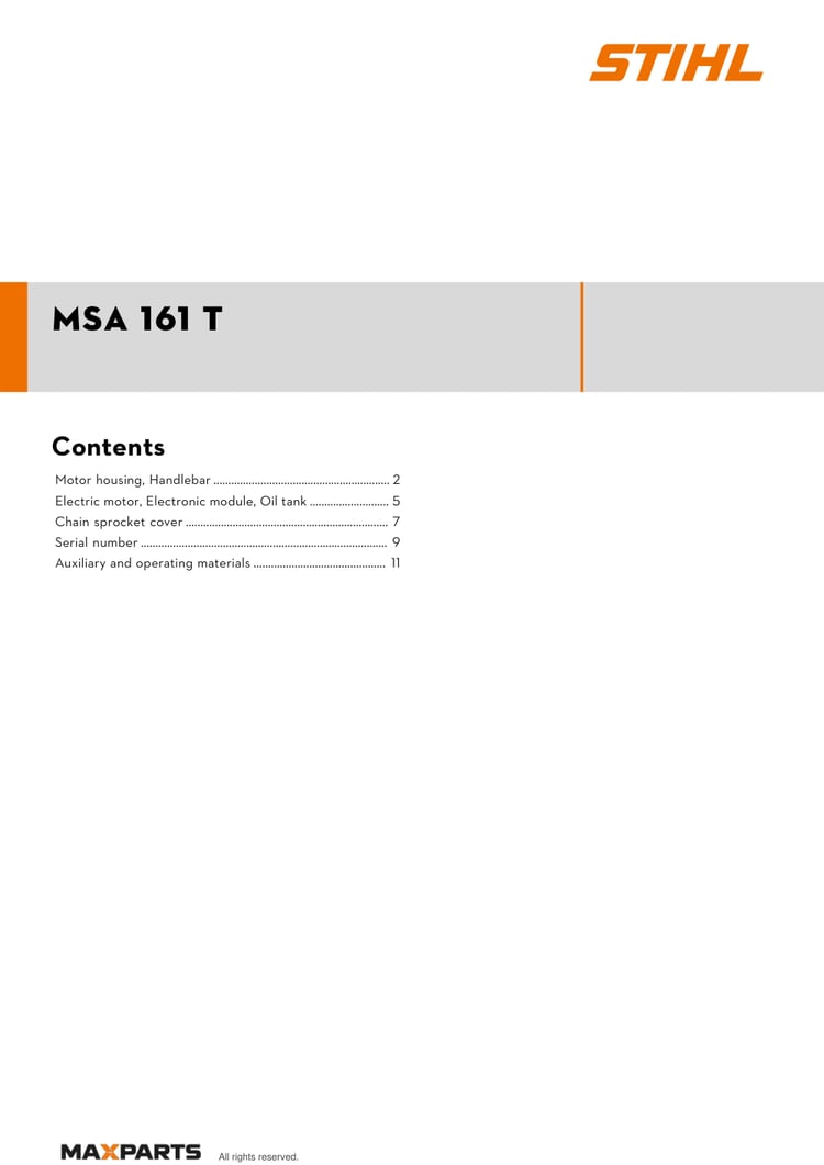 Cover of the STIHL MSA 161 T illustrated parts catalogue PDF, showing the model name and contents.