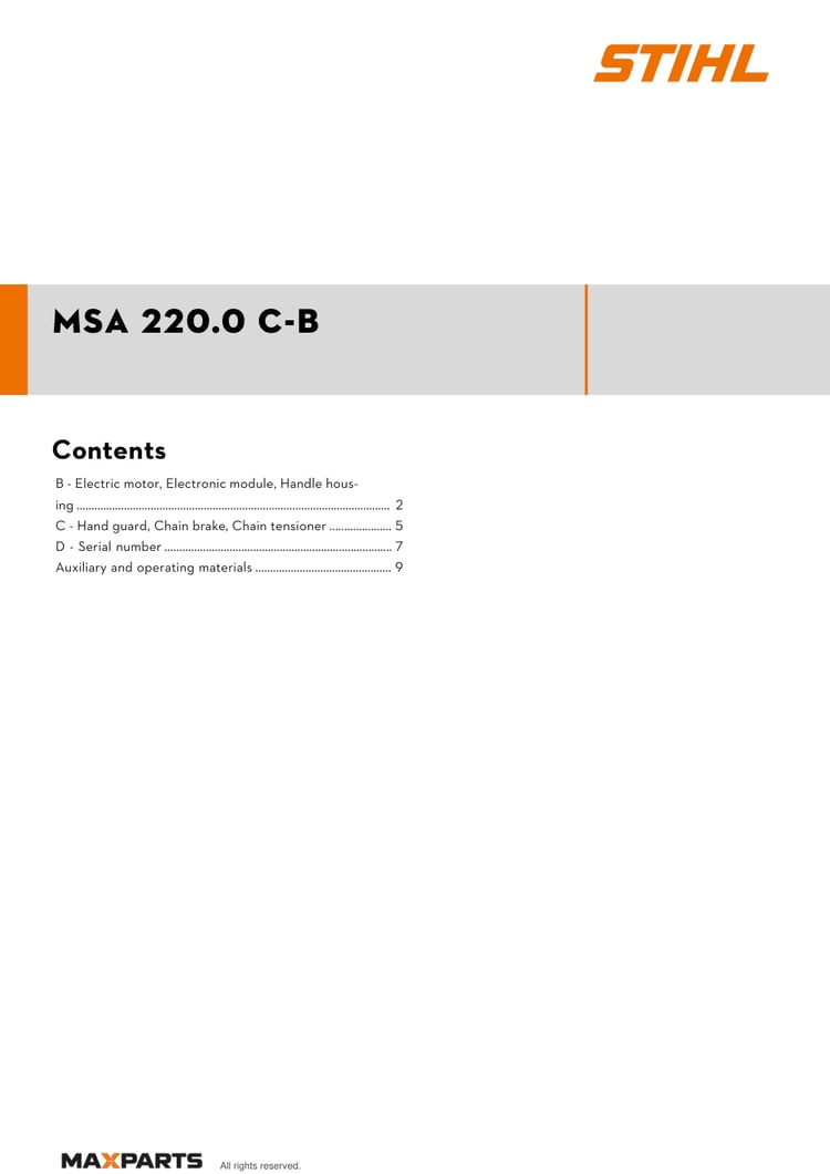 Cover of the STIHL MSA 220.0 C-B illustrated parts catalogue PDF, showing the model name and contents.