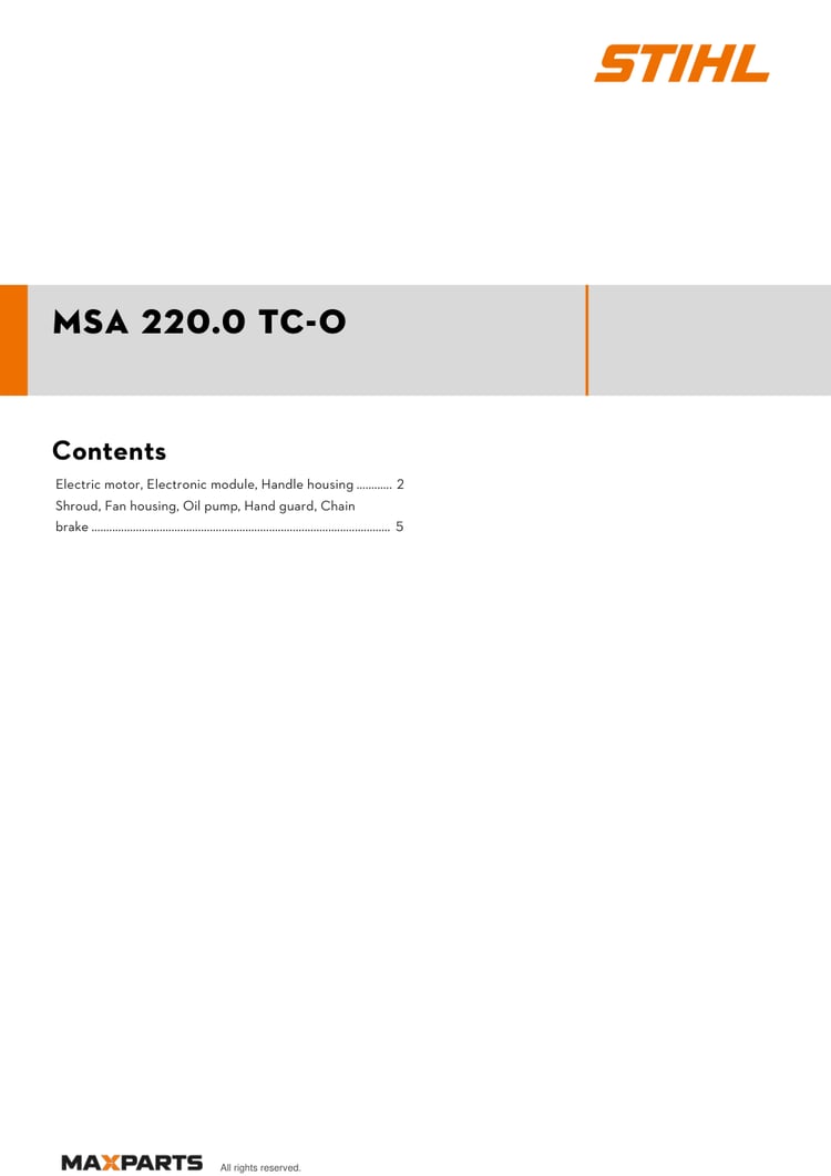 Cover of the STIHL MSA 220.0 TC-O illustrated parts catalogue PDF, showing the model name and contents.