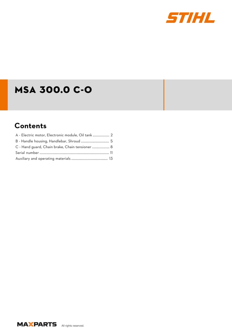 Cover of the STIHL MSA 300.0 C-O illustrated parts catalogue PDF, showing the model name and contents.