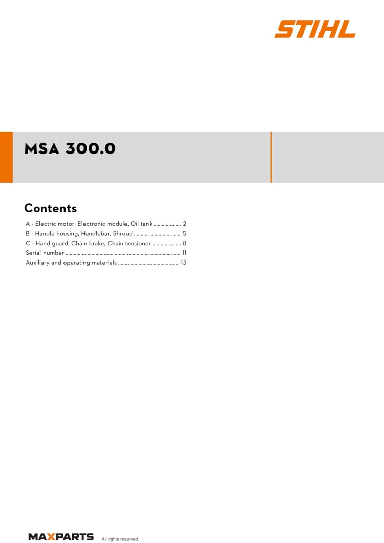 Cover of the STIHL MSA 300.0 illustrated parts catalogue PDF, showing the model name and contents.