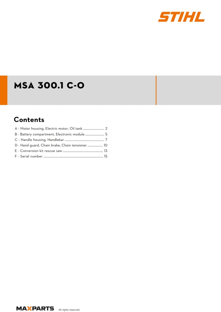 Cover of the STIHL MSA 300.1 C-O illustrated parts catalogue PDF, showing the model name and contents.