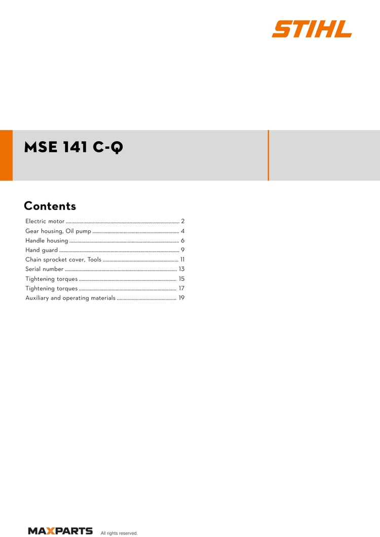 Cover of the STIHL MSE 141 C-Q illustrated parts catalogue PDF, showing the model name and contents.
