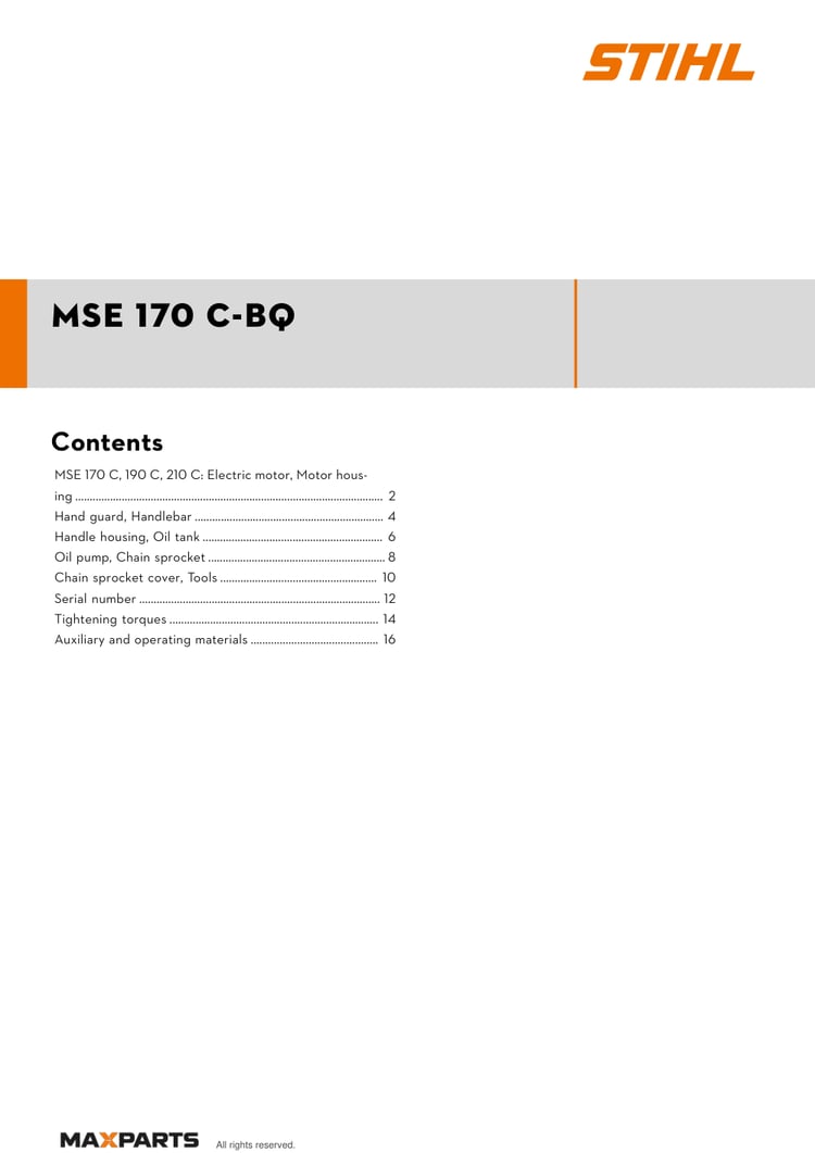 Cover of the STIHL MSE 170 C-BQ illustrated parts catalogue PDF, showing the model name and contents.