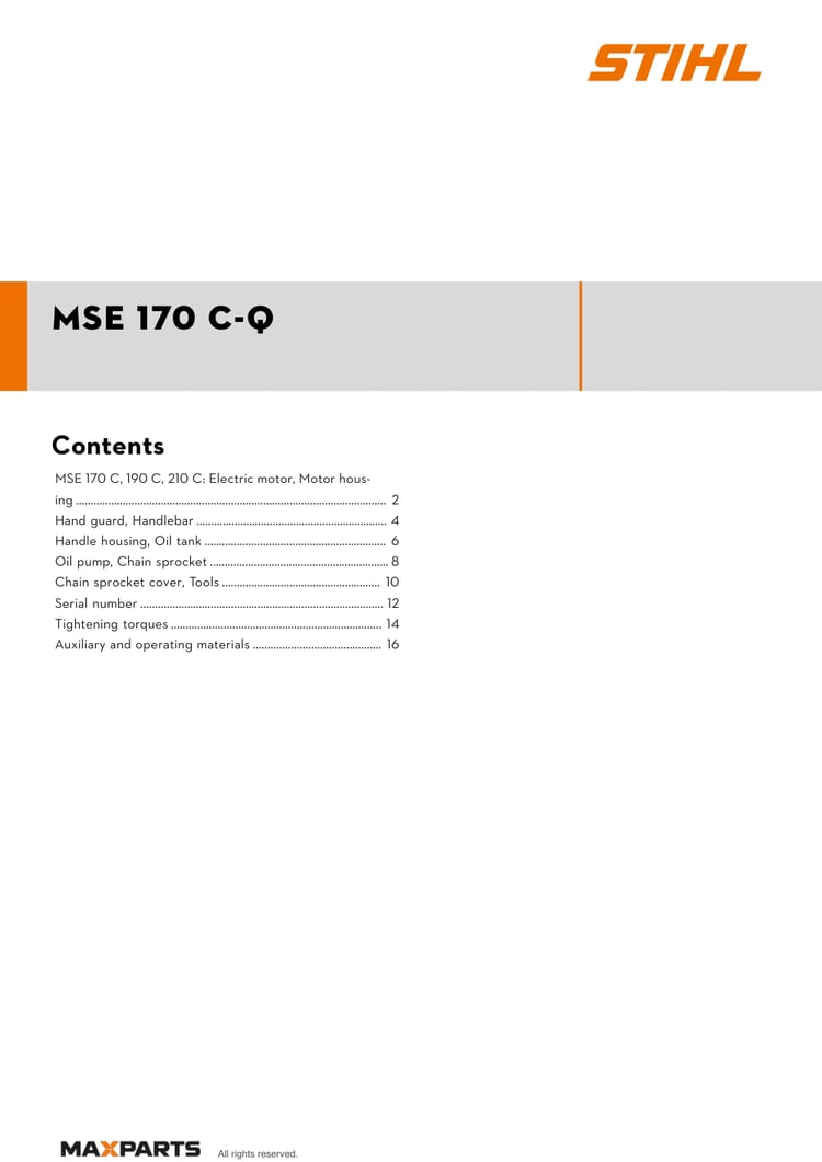 Cover of the STIHL MSE 170 C-Q illustrated parts catalogue PDF, showing the model name and contents.