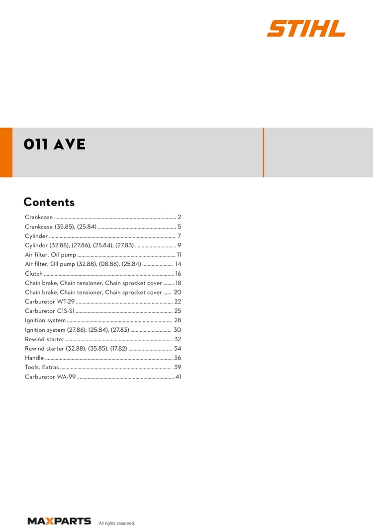 Cover of the STIHL 011 AVE illustrated parts catalogue PDF, showing the model name and contents.