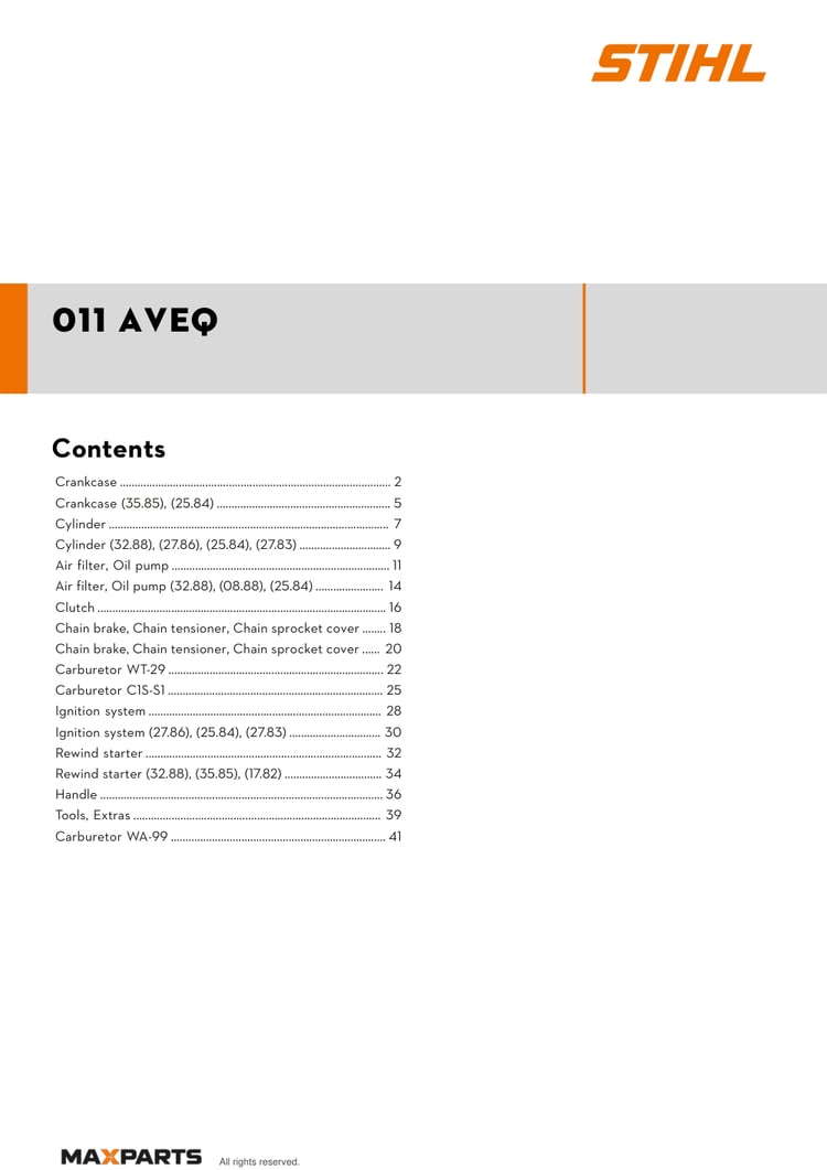 Cover of the STIHL 011 AVEQ illustrated parts catalogue PDF, showing the model name and contents.