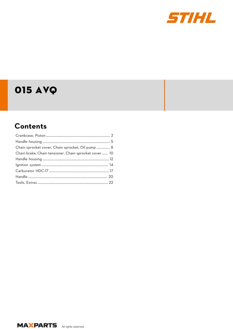 Cover of the STIHL 015 AVQ illustrated parts catalogue PDF, showing the model name and contents.