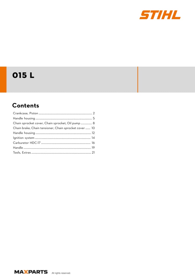 Cover of the STIHL 015 L illustrated parts catalogue PDF, showing the model name and contents.
