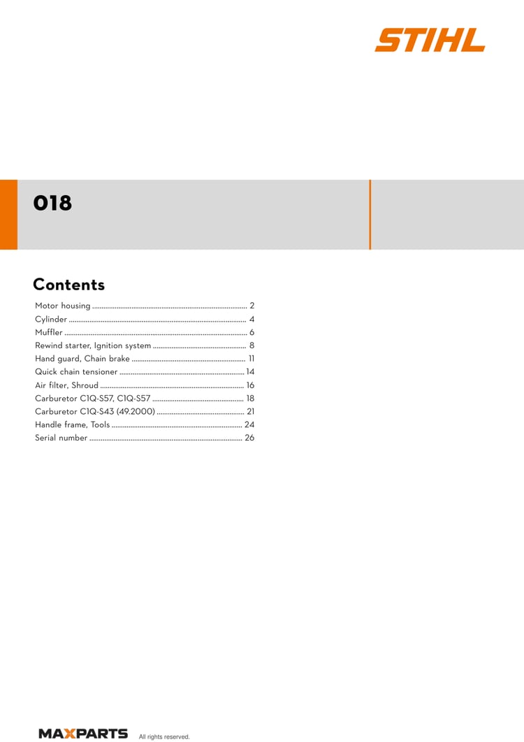 Cover of the STIHL 018 illustrated parts catalogue PDF, showing the model name and contents.