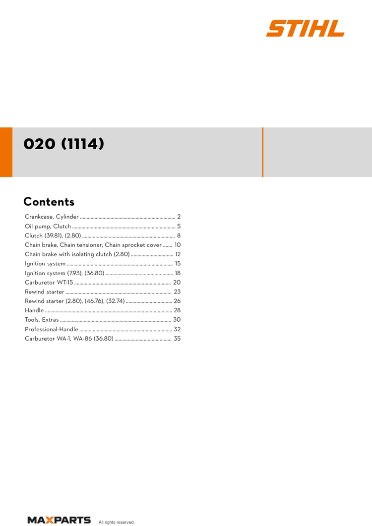 Cover of the STIHL 020 (1114) illustrated parts catalogue PDF, showing the model name and contents.