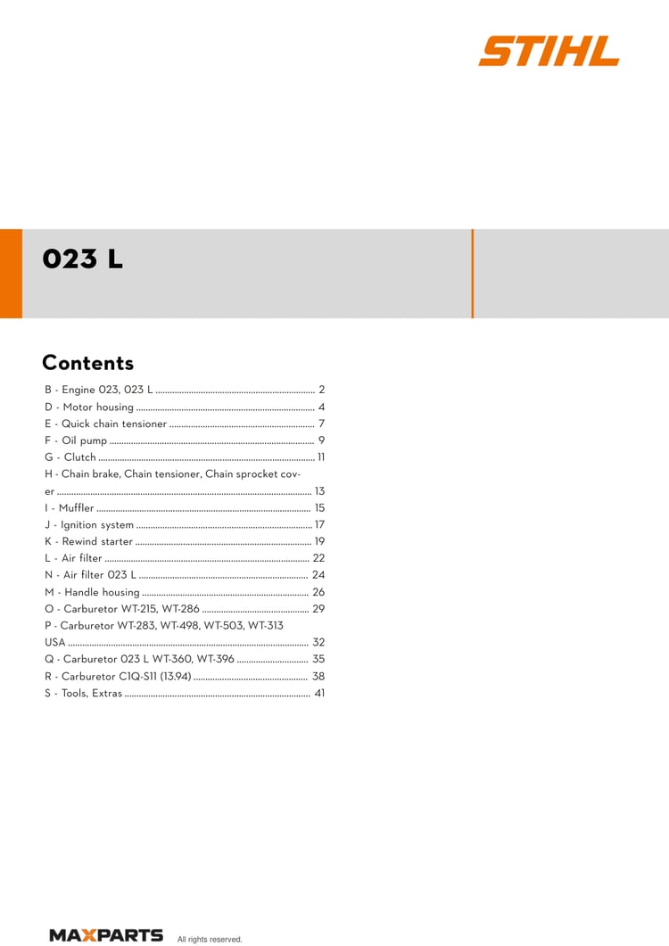 Cover of the STIHL 023 L illustrated parts catalogue PDF, showing the model name and contents.