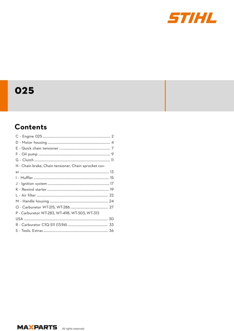 Cover of the STIHL 025 illustrated parts catalogue PDF, showing the model name and contents.