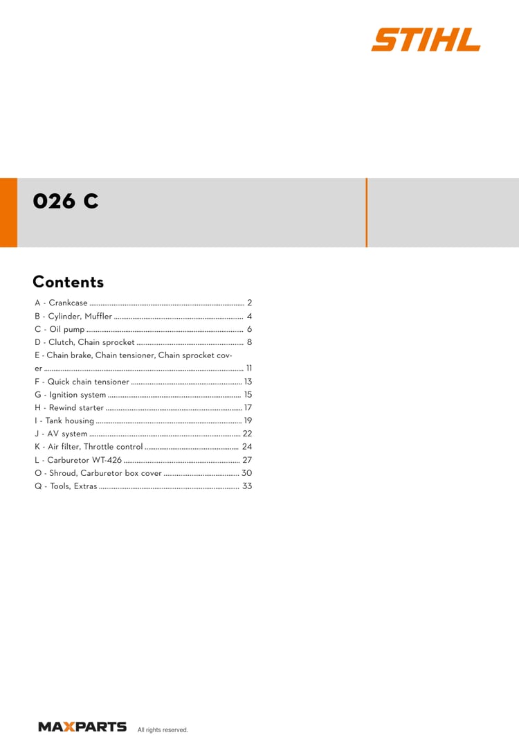 Cover of the STIHL 026 C illustrated parts catalogue PDF, showing the model name and contents.