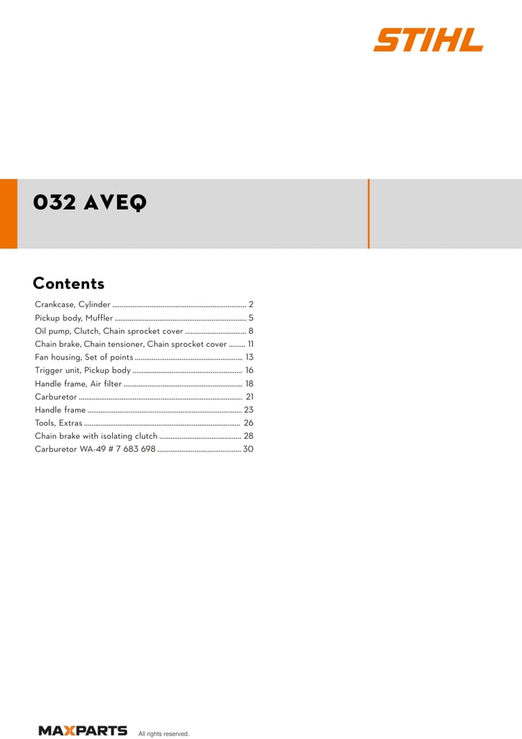 Cover of the STIHL 032 AVEQ illustrated parts catalogue PDF, showing the model name and contents.