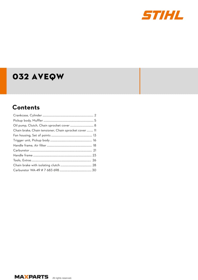 Cover of the STIHL 032 AVEQW illustrated parts catalogue PDF, showing the model name and contents.
