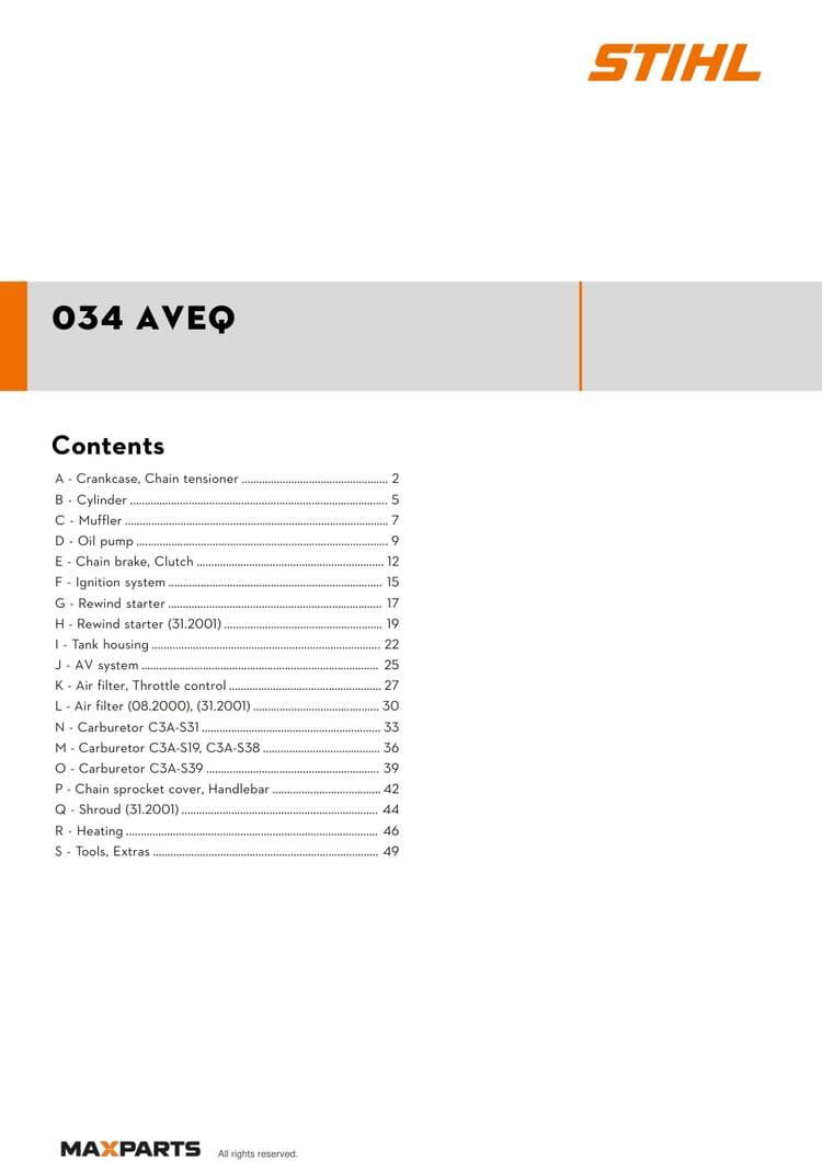 Cover of the STIHL 034 AVEQ illustrated parts catalogue PDF, showing the model name and contents.