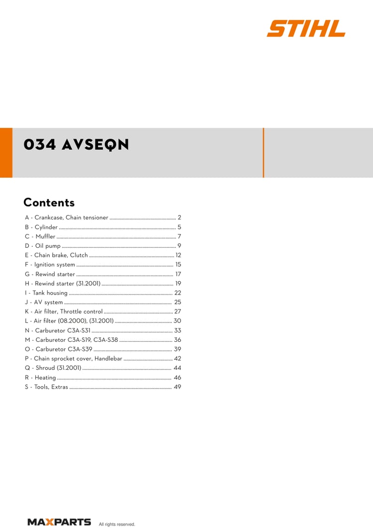 Cover of the STIHL 034 AVSEQN illustrated parts catalogue PDF, showing the model name and contents.