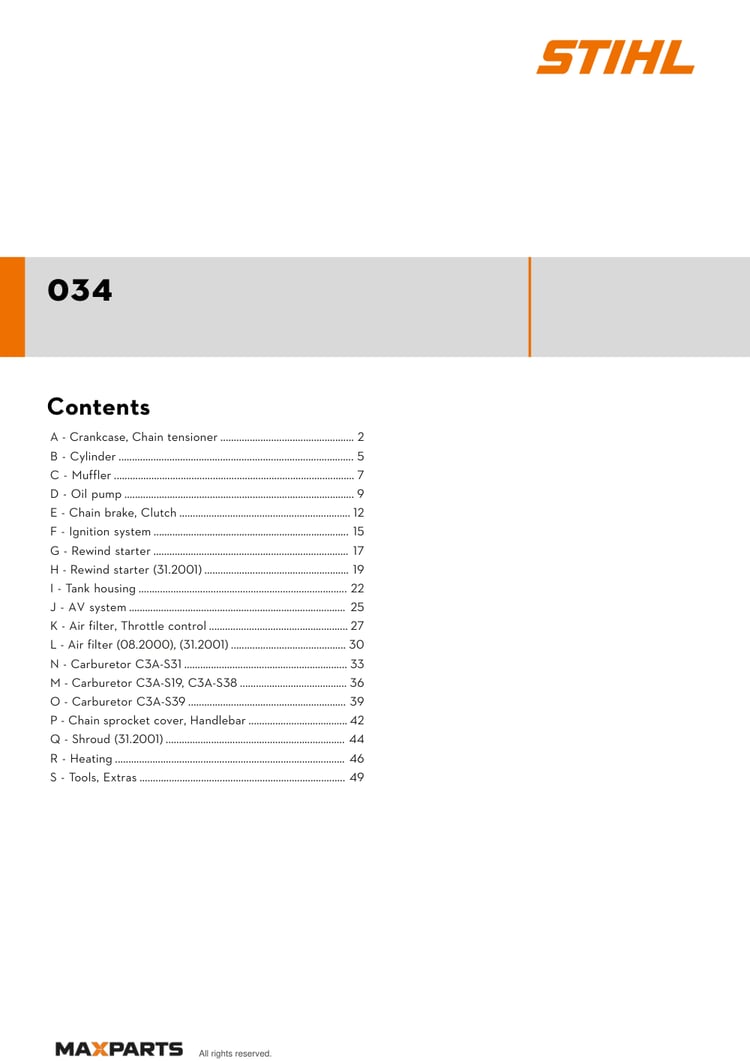 Cover of the STIHL 034 illustrated parts catalogue PDF, showing the model name and contents.
