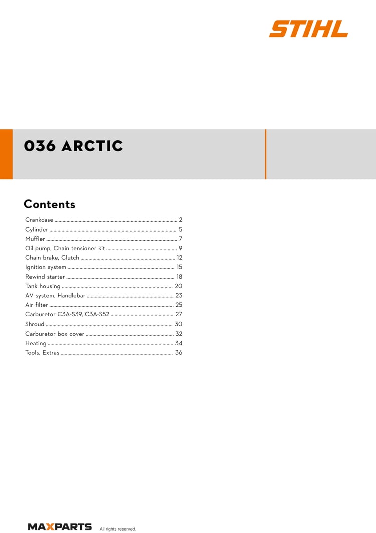 Cover of the STIHL 036 Arctic illustrated parts catalogue PDF, showing the model name and contents.