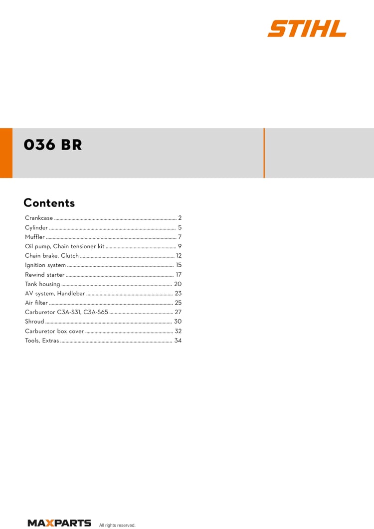 Cover of the STIHL 036 BR illustrated parts catalogue PDF, showing the model name and contents.