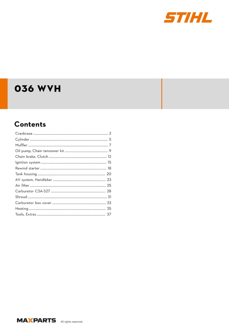Cover of the STIHL 036 WVH illustrated parts catalogue PDF, showing the model name and contents.