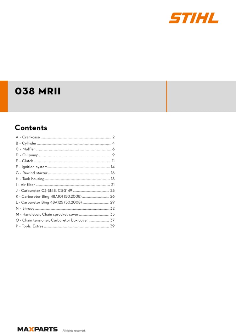 Cover of the STIHL 038 MRII illustrated parts catalogue PDF, showing the model name and contents.