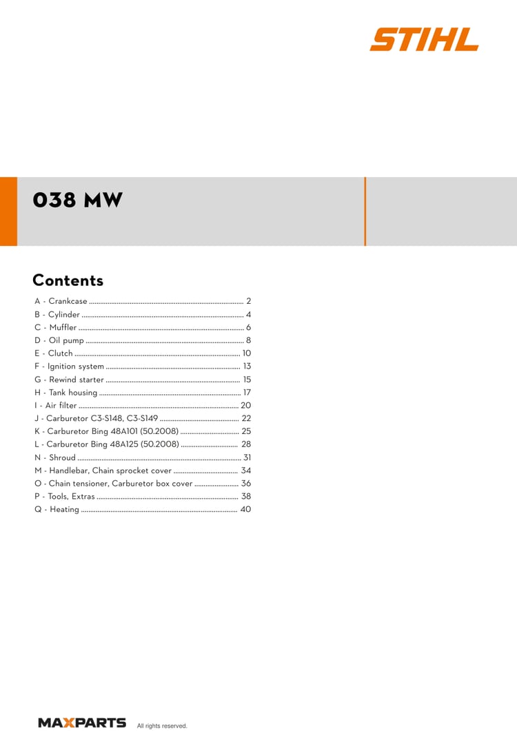 Cover of the STIHL 038 MW illustrated parts catalogue PDF, showing the model name and contents.