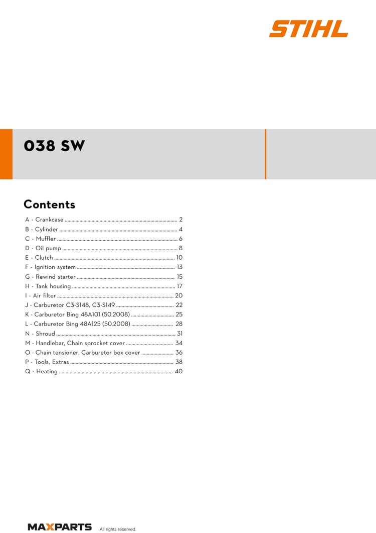 Cover of the STIHL 038 SW illustrated parts catalogue PDF, showing the model name and contents.
