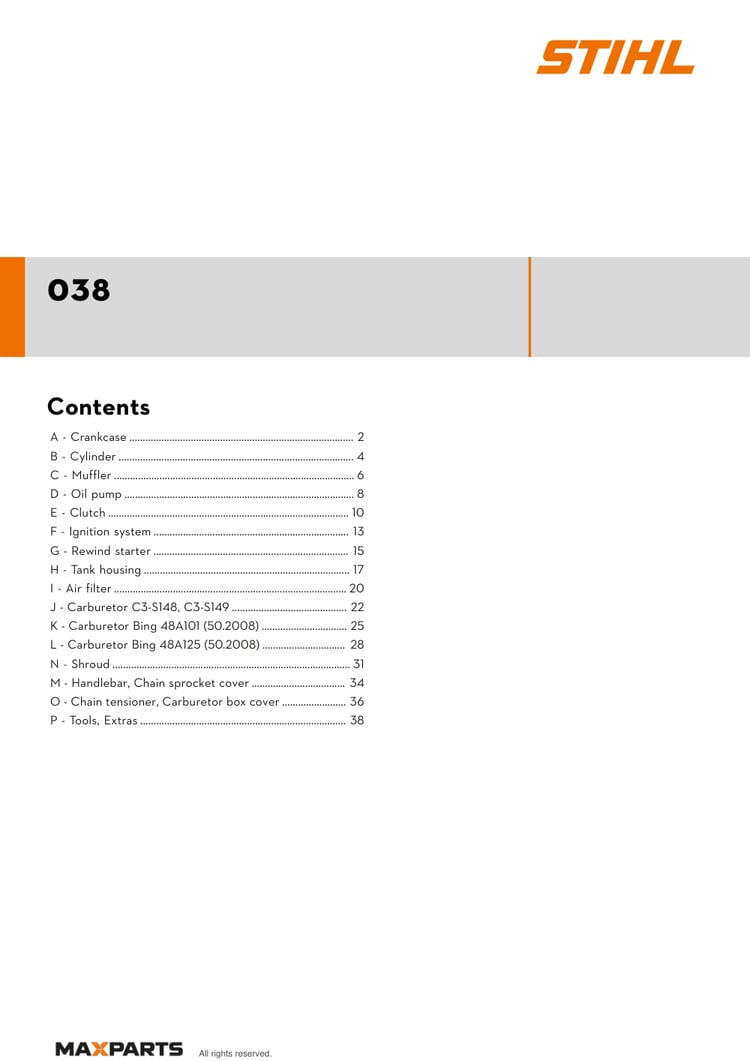Cover of the STIHL 038 illustrated parts catalogue PDF, showing the model name and contents.