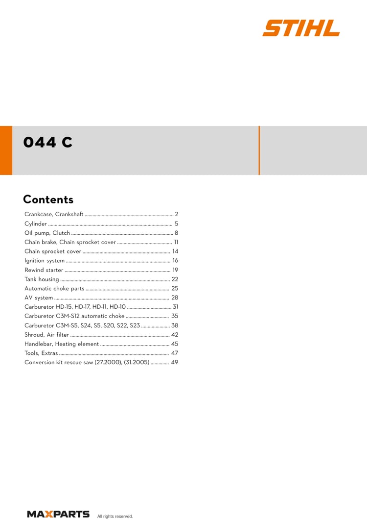 Cover of the STIHL 044 C illustrated parts catalogue PDF, showing the model name and contents.