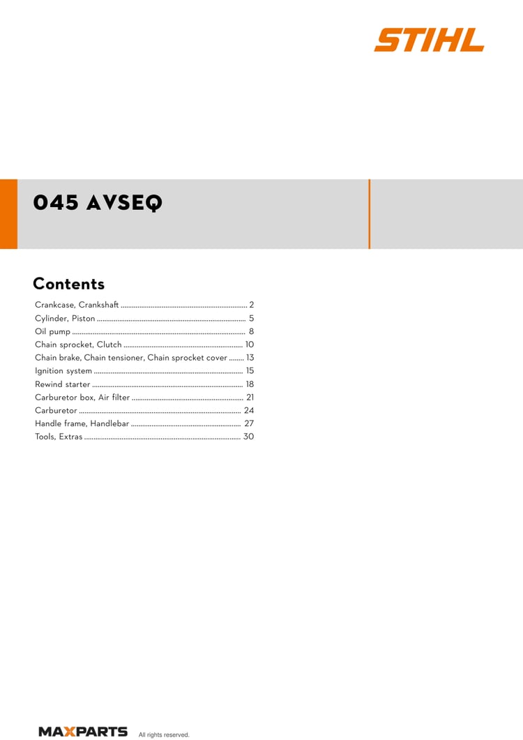 Cover of the STIHL 045 AVSEQ illustrated parts catalogue PDF, showing the model name and contents.