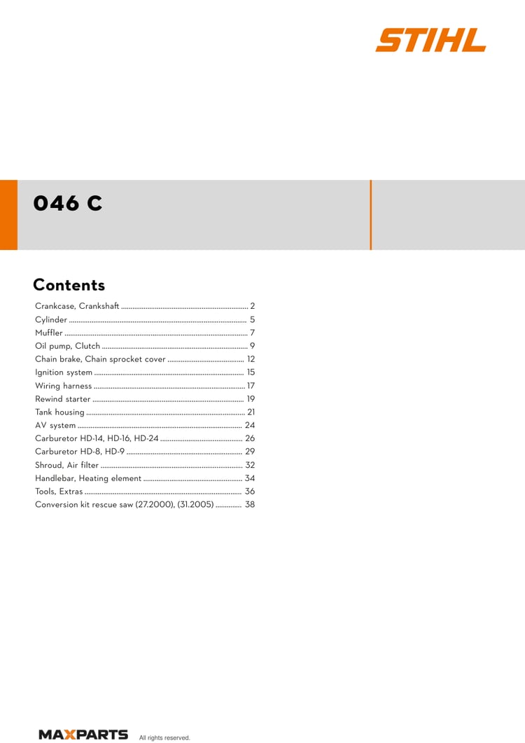 Cover of the STIHL 046 C illustrated parts catalogue PDF, showing the model name and contents.